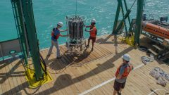 Los científicos están desplegando el CTD. Crédito de la imagen: NOAA