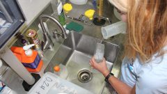 Scientist Kelly Montenero processing samples taken aboard the R/V Walton Smith.