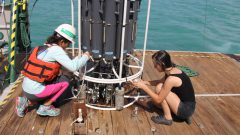 Scientists taking water samples from the CTD. Photo Credit: NOAA AOML.