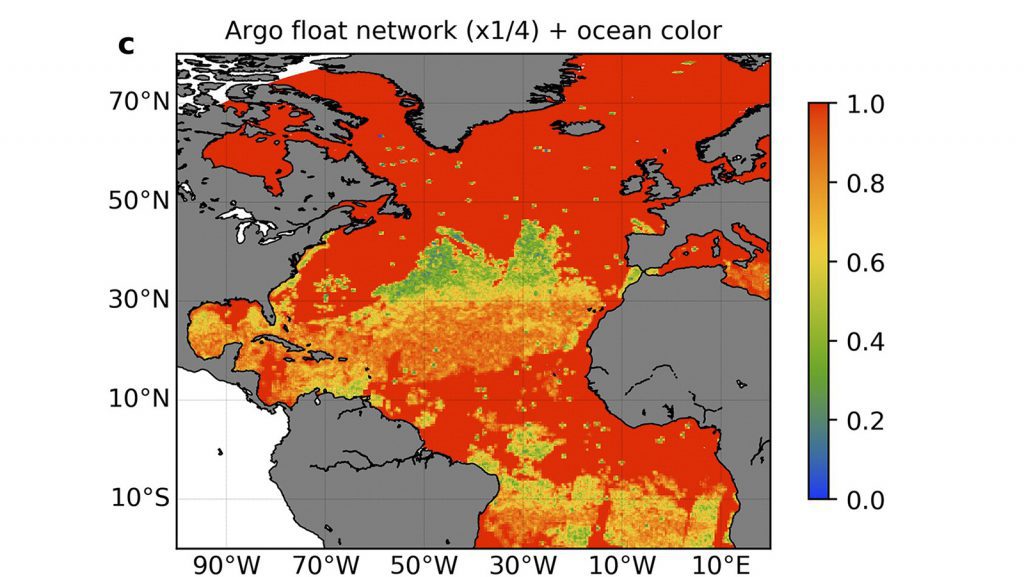 Estimated observations of chlorophyll with simulated observations from satellite and 1000 BGC-Argo floats.