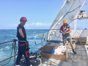 French scientists preparing to deploy a drifter aboard R/V Atalante.