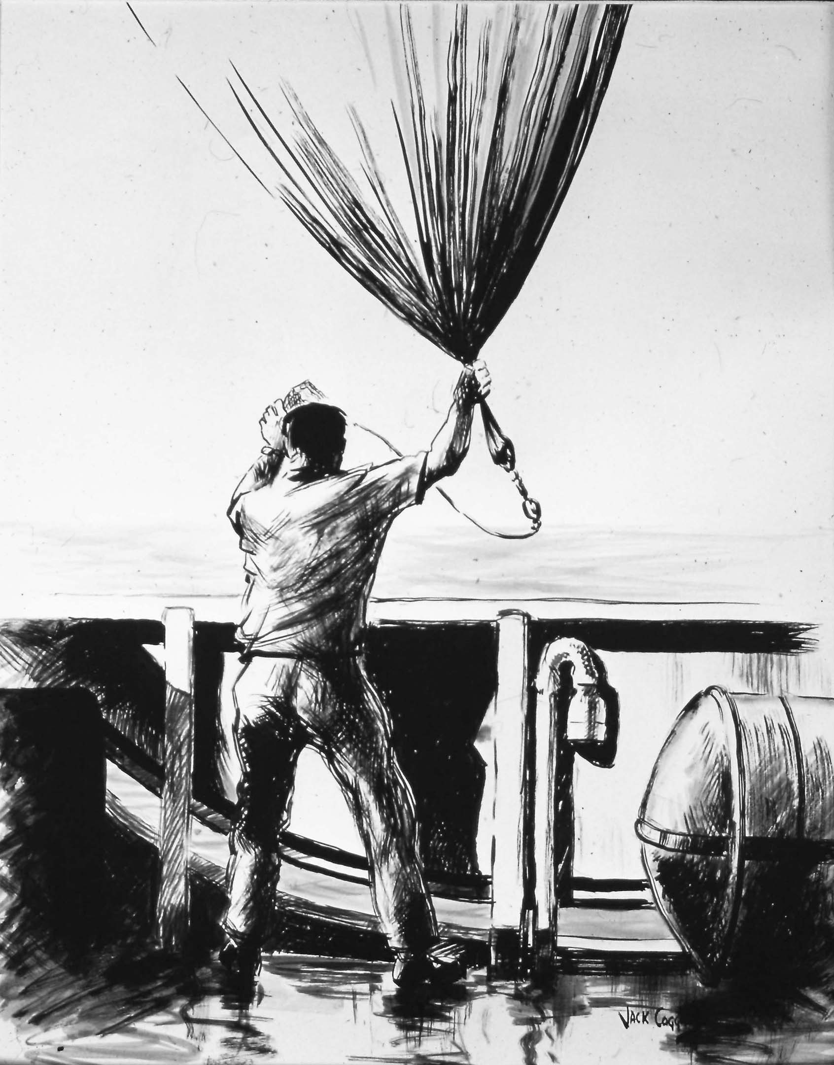 Jack Coggins liberando un globo meteorológico en la nave DISCOVERER de la NOAA. Dibujo. Diapositiva en color de 35 mm, 1969. Fuente: Harris B. Stewart