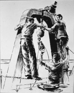 Jack Coggins Winch y las actividades de cubierta en el barco de la NOAA DISCOVERER. Dibujo. Diapositiva en color de 35 mm, 1969. Fuente: Harris B. Stewart