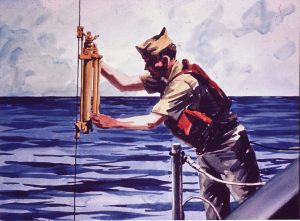 Jack Coggins Nansen embotella el barco de la NOAA DISCOVERER. Diapositiva en color de 35 mm, acuarela; 1969. Fuente: Harris B. Stewart