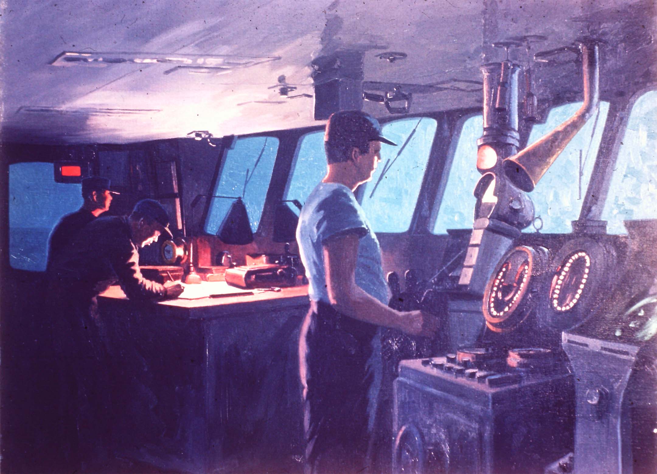 Noche de Jack Coggins en el puente de la nave de la NOAA DISCOVERER (aceite sobre lona). Diapositiva en color de 35 mm; 1969. Fuente: Harris B. Stewart (AOML)