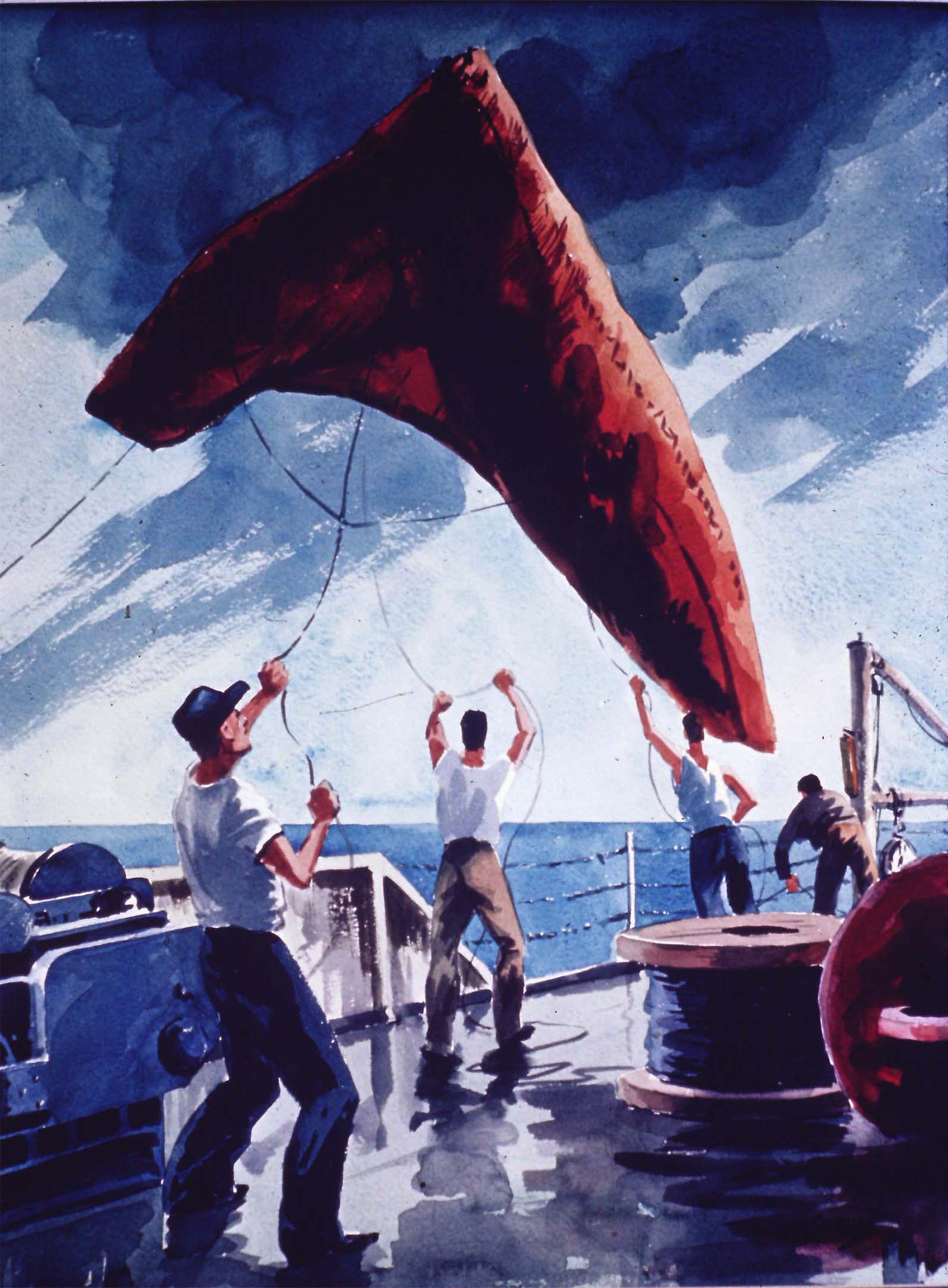 Jack Coggins Release of DART weather balloon from the deck of the NOAA ship DISCOVERER (watercolor). 35-mm color slide, 1969. Source: Harris B. Stewart