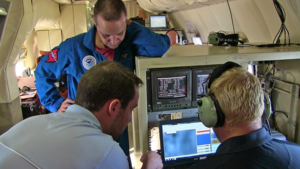 Monitoring the in-flight Coyote UAS from the piloting station on the P3. Image credit: NOAA
