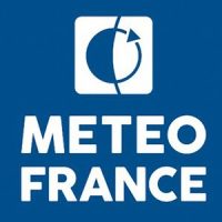 French meteorological service logo. A blue sqaure with Meteo France text in white in the middle.