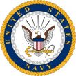 United States Navy logo. Gold rope circle with a ring of navy blue with gold text that reads United States Navy and a bald eagle in a white center.