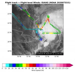 Isaias Flight Level Winds over Satellite. Click to see large image. Image Credit: NOAA AOML.