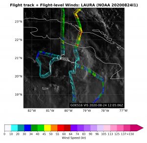 Vientos a nivel de vuelo de Laura sobre el satélite. Haga clic para ver la imagen ampliada. Crédito de la imagen: NOAA AOML.