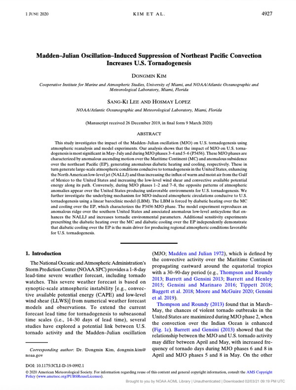 First page of 'Madden-Julian Oscillation-Induced Suppression of Northeast Pacific Convection Increase U.S. Tornadogenesis' publication
