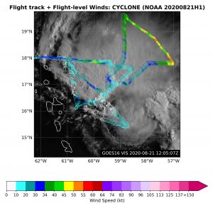 Vientos a nivel de vuelo de Laura sobre el satélite. Haga clic para ver la imagen ampliada. Crédito de la imagen: NOAA AOML.