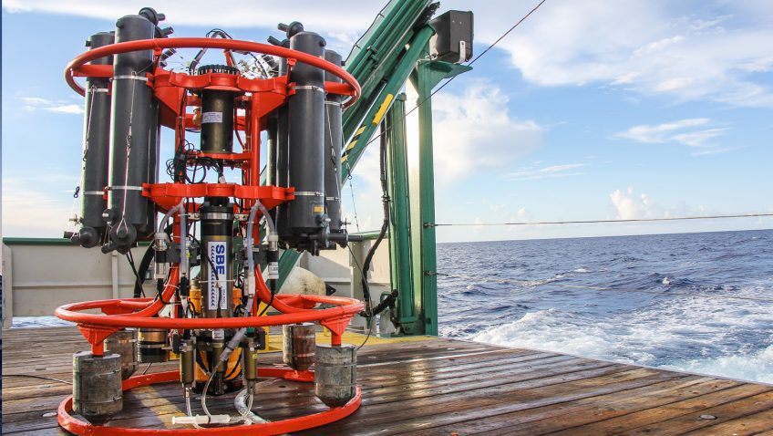 A large red and black CTD sits on the deck of the WBTS cruise. 2020