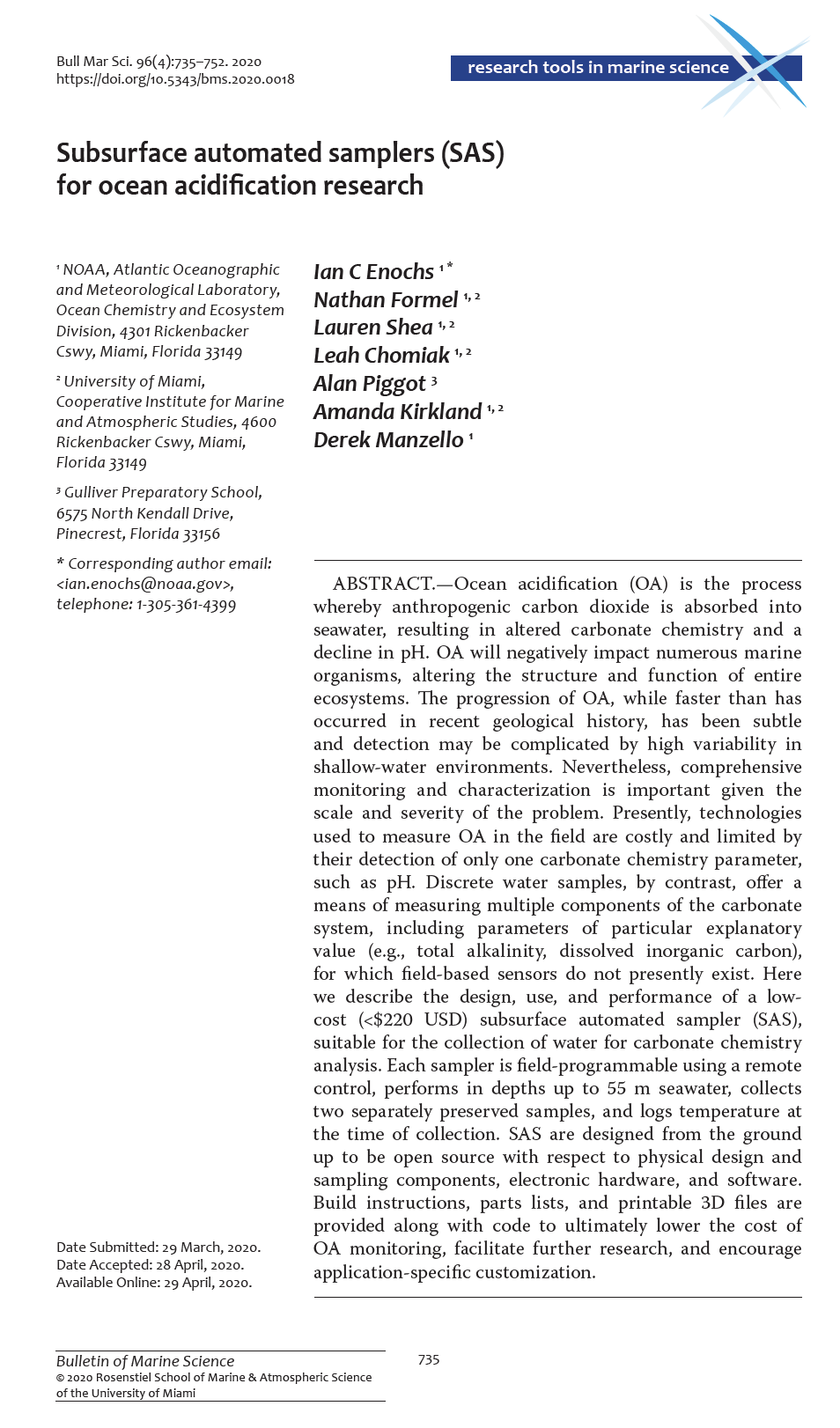 ENOCHS, I.C., N. FORMEL, L. SHEA, L. CHOMIAK, A. Piggot, A. KIRKLAND, y D. MANZELLO. Muestreadores automatizados de subsuelo (SAS) para la investigación de la acidificación del océano. Boletín de Ciencias Marinas, 96(4):735-752 (https://doi.org/10.5343/bms.2020.0018) (2020).