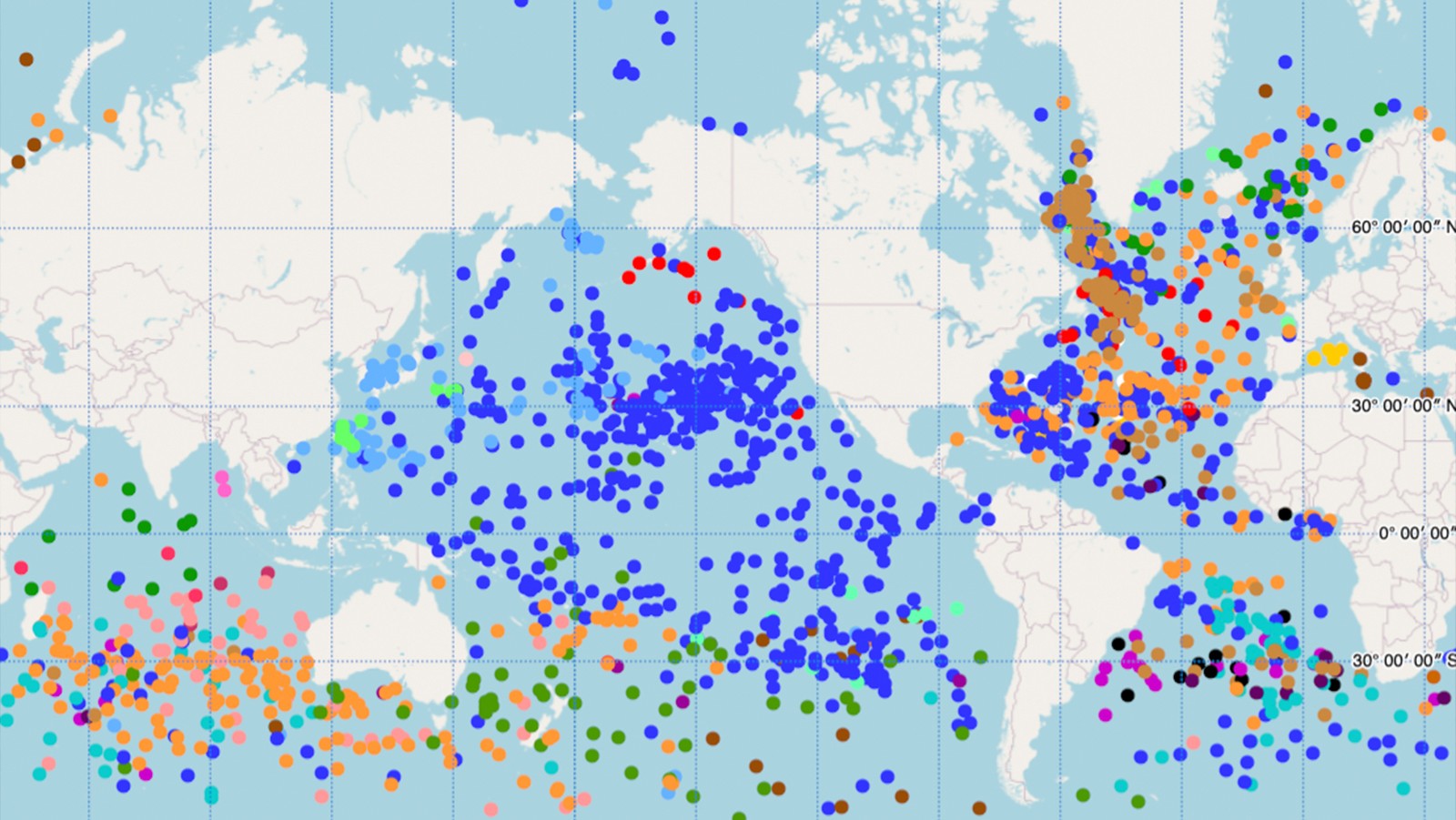 Captura de pantalla del mapa de la matriz de drifters del Programa Global Drifter.