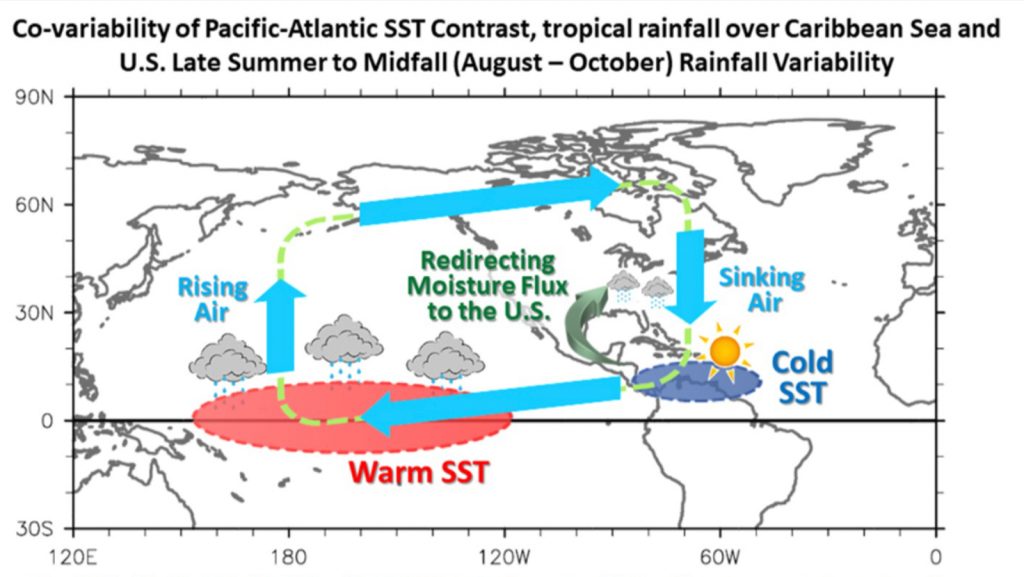 Co-variability of Pacific- Atlantic SST contrast, tropical rainfall over Caribbean Sea and U.S. Late Summer to Mid-fall Rainfall Variability