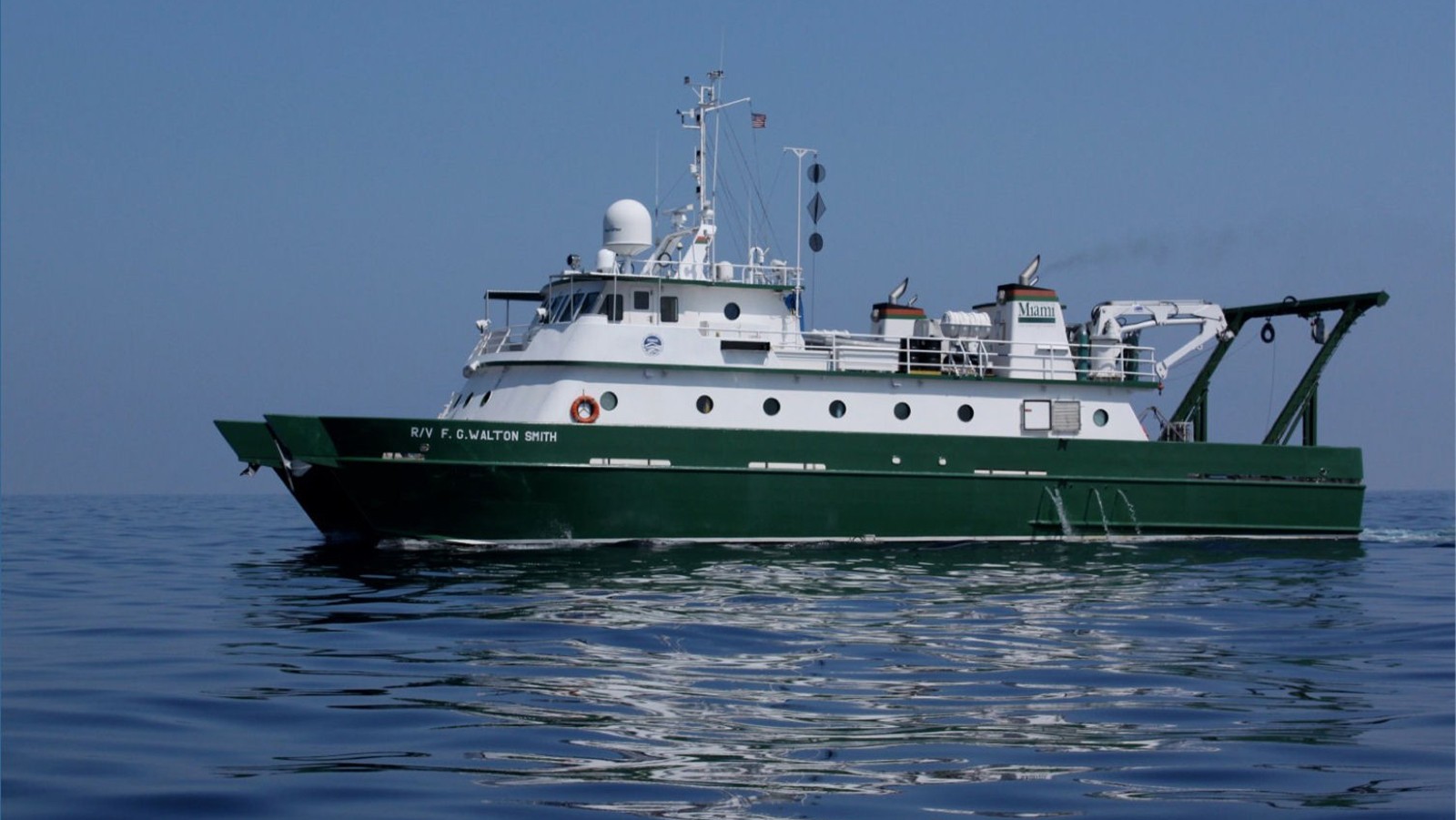 The R/V F. G. Walton Smith sits in the water.