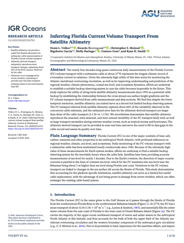 First page of 'Inferring Florida Current Volume Transport From Satellite Altimetry' publication