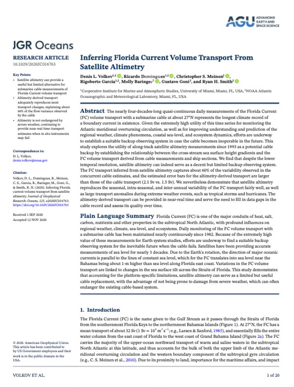 Primera página de la publicación "Inferring Florida Current Volume Transport From Satellite Altimetry