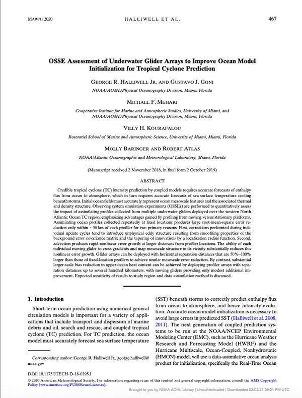 First page of 'OSSE Assessment of Underwater Glider Arrays to Improve Ocean Model Initialization for Tropical Cyclone Prediction' publication