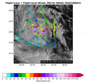 Nivel de Vuelo Delta Vientos sobre Satélite. Haga clic para ver la imagen ampliada. Crédito de la imagen: NOAA AOML