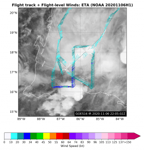 Vientos a nivel de vuelo de Eta sobre el satélite. Haga clic para ver la imagen ampliada. Crédito de la imagen: NOAA AOML
