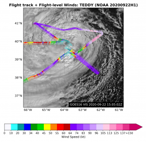 Teddy Flight Level Winds over Satellite. Click to see large image. Image Credit: NOAA AOML.