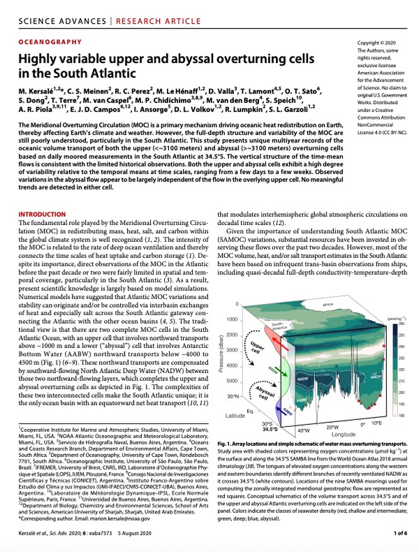 Primera página de la publicación "Células de vuelco superiores y abisales altamente variables en el Atlántico Sur