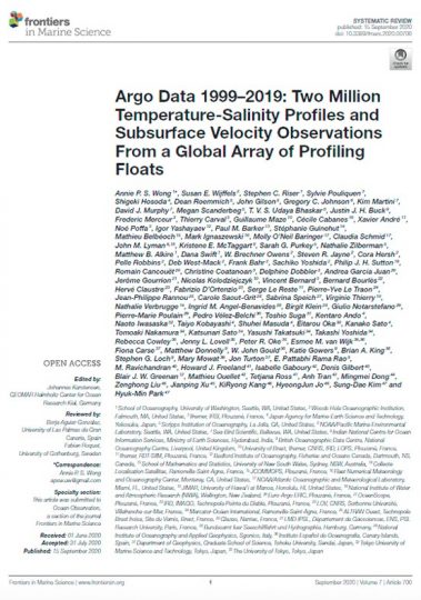 Primera página de la publicación "Argo Data 1999-2019: Two Million Temperature-Salinity Profiles and Subsurface Velocity Observations From a Global Array of Profiling Floats