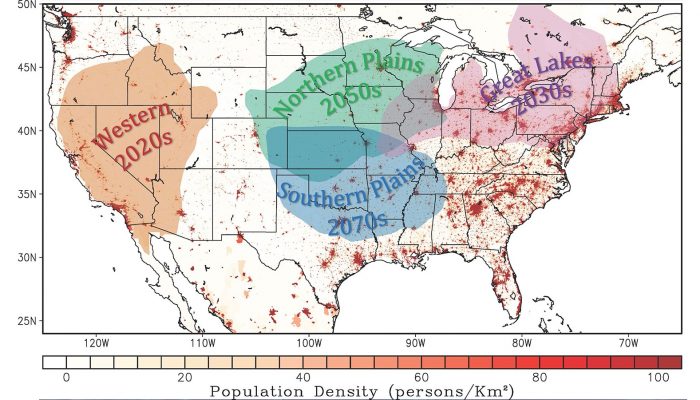 Map of the US showing when climate change will be the dominant cause of heat waves. Image credit: NOAA