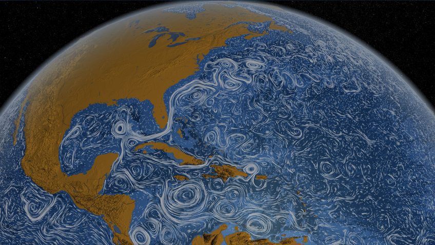 Imagen de satélite que muestra la corriente de Florida y los remolinos.
