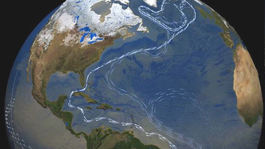 A satellite image of the Atlantic Meridional Overturning Circulation (AMOC).