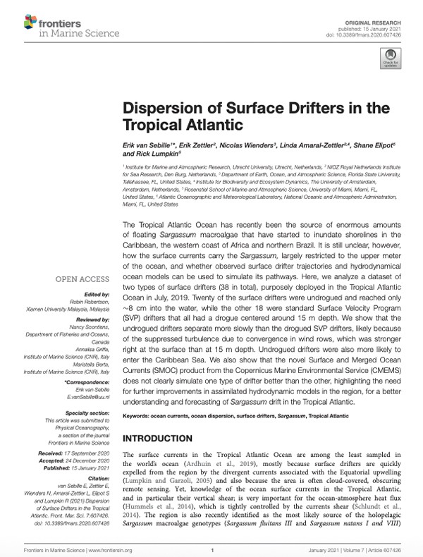 Primera página de la publicación "Dispersion of Surface Drifters in the Tropical Atlantic