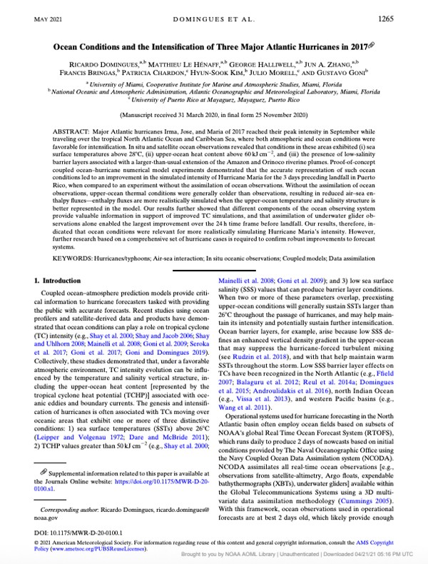 First page of 'Ocean Conditions and the Intensification of Three Major Atlantic Hurricanes in 2017' publication