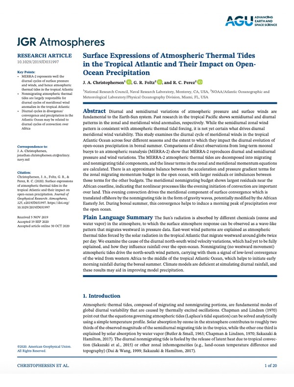 Primera página de la publicación "Expresiones superficiales de las mareas térmicas atmosféricas en el Atlántico tropical y su impacto en las precipitaciones en alta mar".