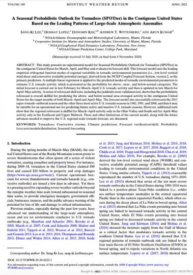 First page of 'A Seasonal Probabilistic Outlook for Tornadoes (SPOTter) in the Contiguous United States Based on the Leading Patterns of Large-Scale Atmospheric Anomalies' publication.