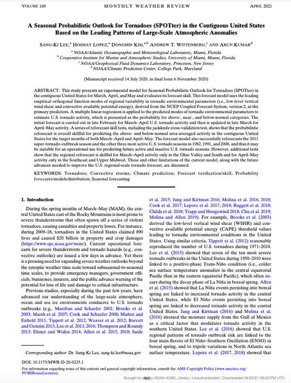 Primera página de la publicación "A Seasonal Probabilistic Outlook for Tornadoes (SPOTter) in the Contiguous United States Based on the Leading Patterns of Large-Scale Atmospheric Anomalies".