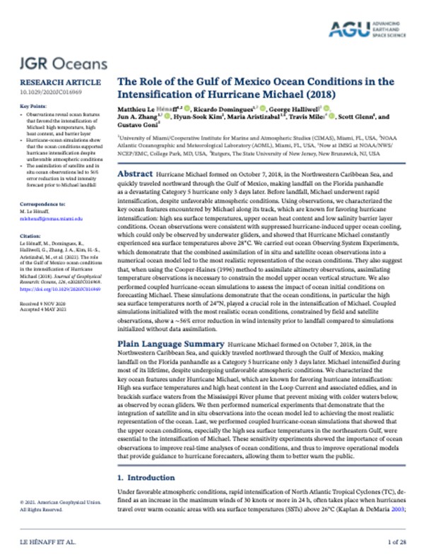 First page of 'The Role of the Gulf of Mexico Ocean Conditions in the Intensification of Hurricane Michael (2018)' publication