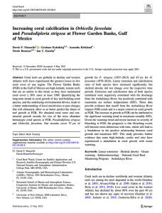 First page of 'Increasing coral calcification in Orbicella faveolata and Pseudodiploria strigosa at Flower Garden Banks, Gulf of Mexico' publication