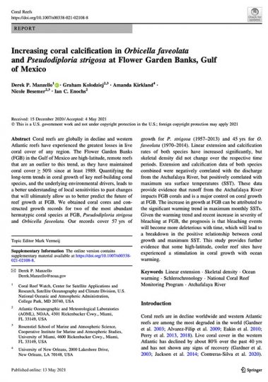 Primera página de la publicación "Aumento de la calcificación del coral en Orbicella faveolata y Pseudodiploria strigosa en Flower Garden Banks, Golfo de México".