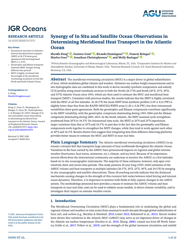 Primera página de la publicación &quot;Synergy of in situ and satellite ocean observations in determining meridional heat transport in the Atlantic Ocean&quot;.