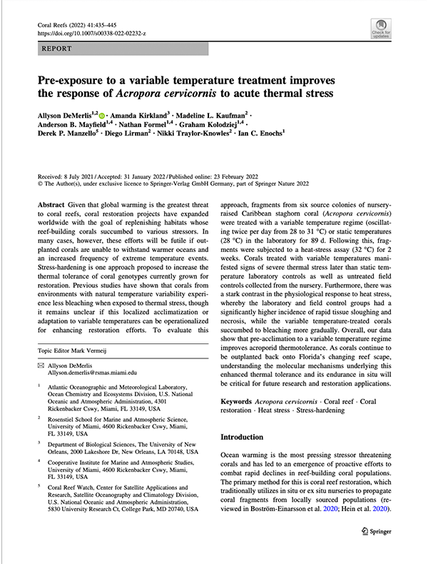 First page of 'Pre-exposure to a variable temperature treatment improves the response of Acropora cervicornis to acute thermal stress' publication
