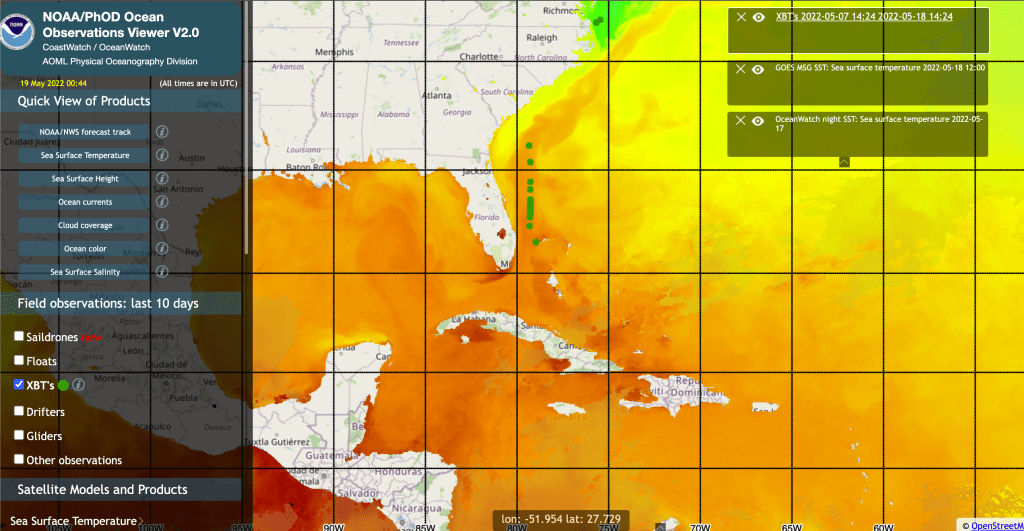 El visor de observaciones oceánicas NOAA/AOML muestra los XBT y las temperaturas de la superficie del mar.