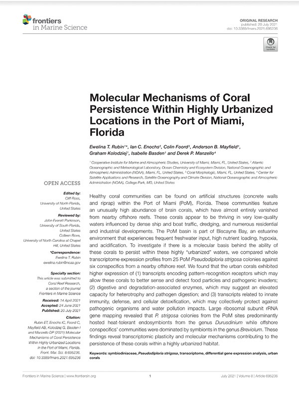 Primera página de la publicación &quot;Mecanismos moleculares de la persistencia de los corales en zonas altamente urbanizadas del puerto de Miami, Florida&quot;.