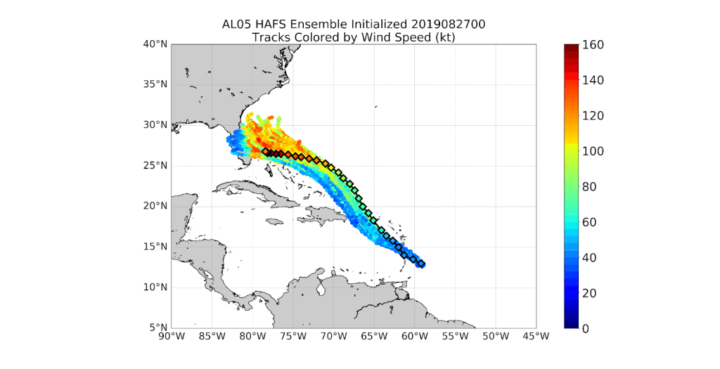  Mapa de 40-5 grados Norte y 45-90 grados Oeste con todas las pistas de previsión de huracanes dorianos superpuestas
