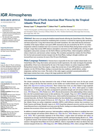 First page of the "Modulation of North American Heat Waves by the Tropical Atlantic Warm Pool" publication.
