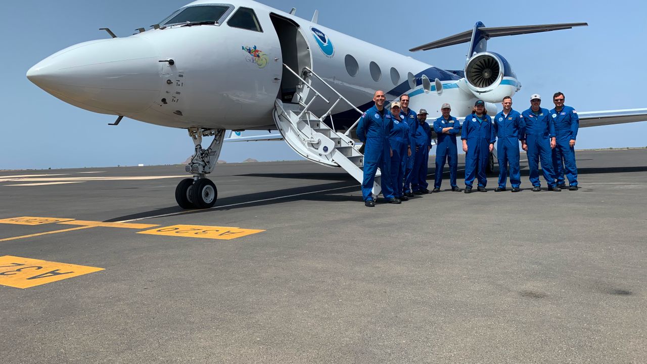 The Gulfstream-IV Hurricane Hunter science crew at the Amílcar Cabral International Airport on Sal Island in the eastern Atlantic. Photo credit: NOAA.