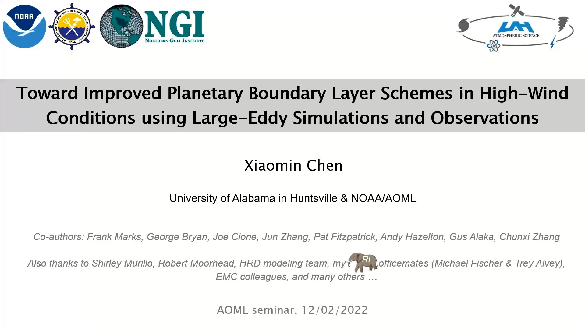Video Thumbnail for HRD Research Seminar Series: Dr Xiomin Chen, Toward Improved Planetary Boundary Layer Schemes in High-Wind Conditions Using Large-Eddy Simulations and Observations, 2 de diciembre de 2022