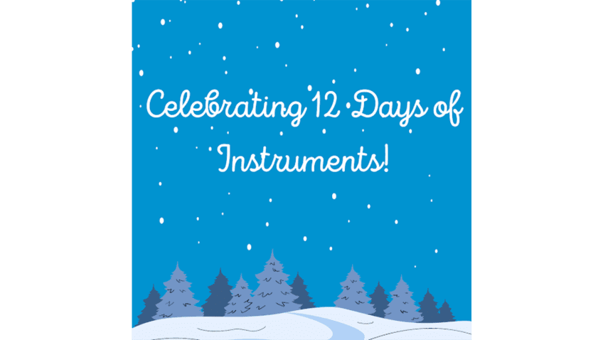 Un fondo azul claro con árboles de Navidad azul oscuro y gris en la parte inferior con texto en blanco que dice &quot;Celebrando los 12 días de Instrumentos&quot;
